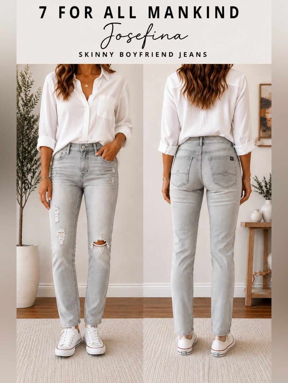 7 For All Mankind Josefina Skinny Boyfriend Jeans Gray Distressed Size 27